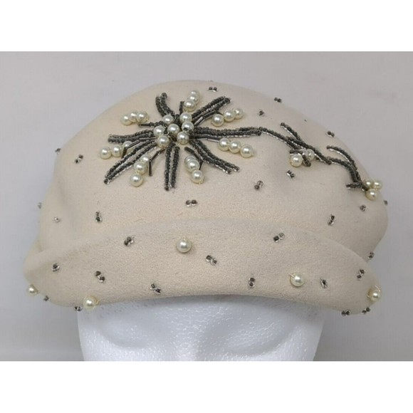 Vintage Hat 1950s Helen Hale Glenover Wool Henry Pollak Cocktail Caplet Beaded - Picture 1 of 10